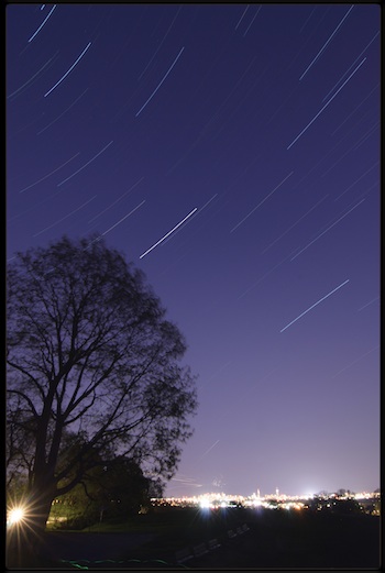 One hour stacked exposure of the sky over Boston, MA, viewed from the northwest.